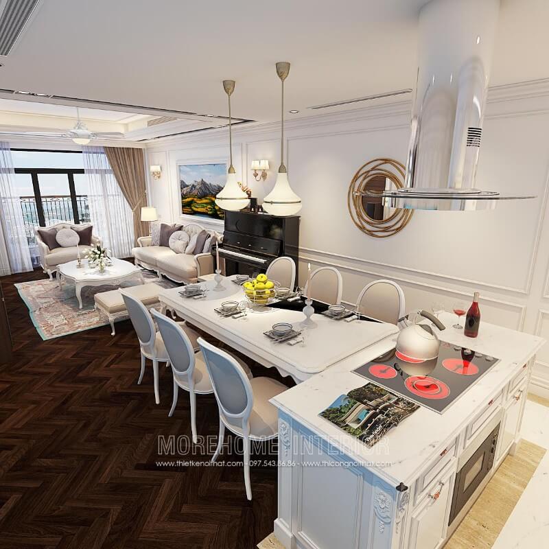 Tủ bếp gỗ tự nhiên được thiết kế tân cổ điển linh hoạt, hài hòa, từng đường nét chạm khắc tinh tế, tỉ mỉ, đã thành công tạo nên một không gian nội trợ đầy sang trọng và tiện nghi Tủ bếp gỗ tự nhiên