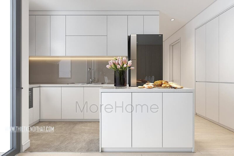 Hệ thống tủ bếp tiện nghi với tone màu trắng hiện đại gợi sự liền mạch trong mẫu thiết kế nội thất chung cư đẹp này Tủ bếp gỗ công nghiệp và tủ bếp acrylic