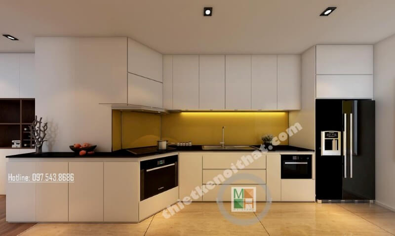 Mẫu tủ bếp đẹp được thiết kế một cách khéo léo, khu vực sơ chế và khu vực bếp nấu được bố trí khoa học, tạo cho người nội trợ dễ dàng nấu nướng hơn Tủ bếp gỗ công nghiệp và tủ bếp acrylic