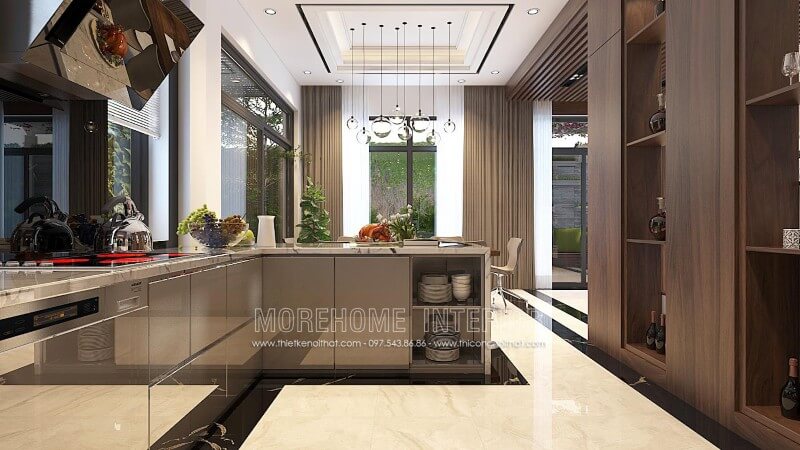 Mẫu tủ bếp Acrylic phủ bóng gương đầy mới lạ, tone màu xám nhẹ ấn tượng mang lại sự sang trọng cho căn phòng Tủ bếp gỗ công nghiệp và tủ bếp acrylic