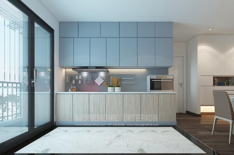 Sử dụng tủ bếp gỗ chữ i với chất liệu gỗ công nghiệp làm cho căn bếp tuy đơn giản nhưng lại trở nên nổi bật, sang trọng Tủ bếp gỗ công nghiệp và tủ bếp acrylic