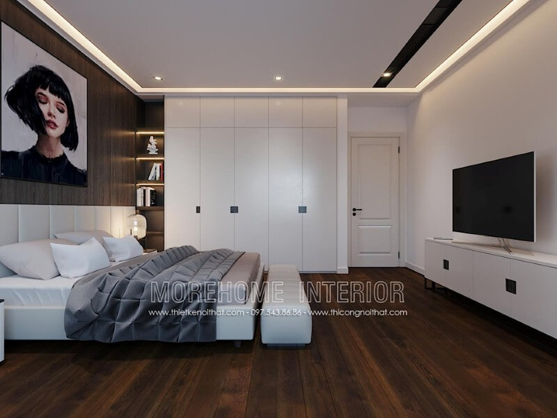 Ánh sáng được trang trí đơn giản với đèn âm trần nhưng lại tạo nét đẹp sang trọng độc đáo cho phòng ngủ hiện đại. Thiết kế nội thất phòng ngủ biệt thự