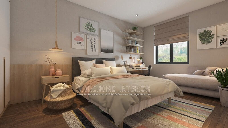 Sắp xếp phòng ngủ ấn tượng với cách trang trí độc đáo từ những mảng lớn đơn sắc kết hợp cùng họa tiết điểm nhấn tạo nên nét đẹp sinh động, trẻ trung cho không gian. Thiết kế nội thất phòng ngủ biệt thự