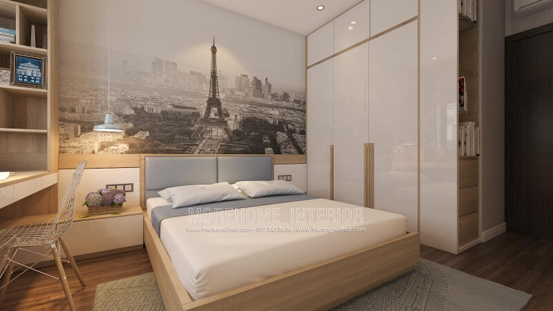 Ý tưởng sáng tạo trong sắp xếp nội thất phòng ngủ nhỏ nhưng tiện ghi với tab đầu giường làm kệ trang trí, tủ quần áo lồng với kệ để đồ cùng đèn thả ấn tượng giúp không gian phòng ngủ luôn đẹp và thông thoáng. Thiết kế nội thất phòng ngủ biệt thự