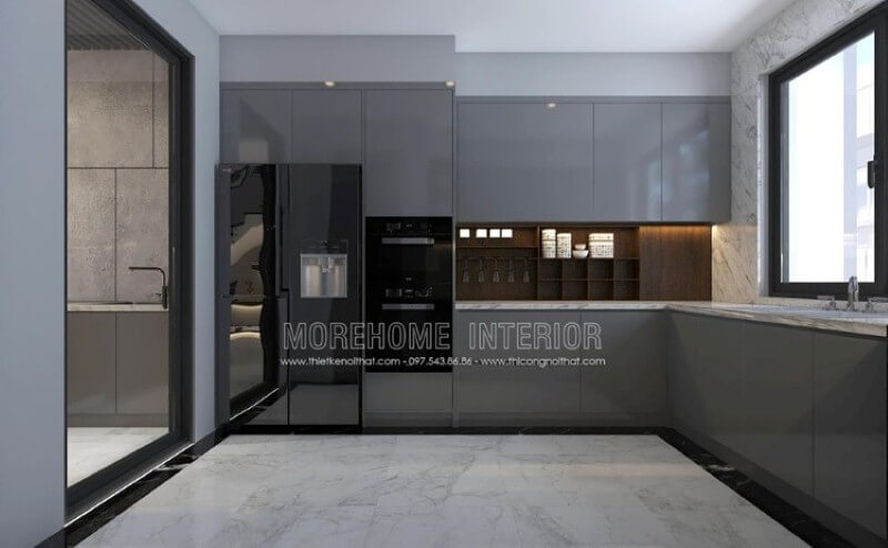 Mẫu tủ bếp gỗ công nghiệp acrylic màu xám đẹp mắt trong thiết kế nội thất phòng bếp hiện đại sẽ là lựa chọn khá phù hợp với các không gian như chung cư, biệt thự, nhà phố. Thiết kế tủ bếp biệt thự sang trọng