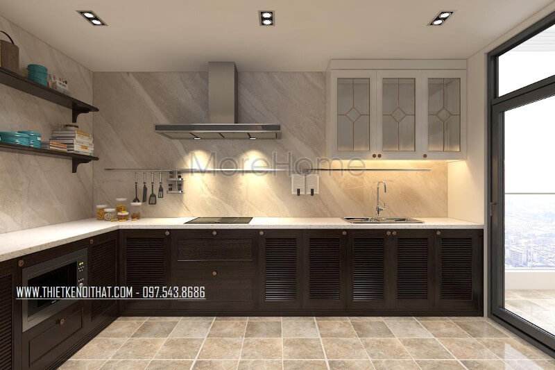 Phòng bếp đa năng với hệ tủ gỗ tự nhiên màu nâu đậm và tủ gỗ công nghiệp màu trắng thiết kế hiện đại, phù hợp không gian Tủ bếp gỗ, tủ bếp gỗ tự nhiên, tủ bếp tân cổ điển