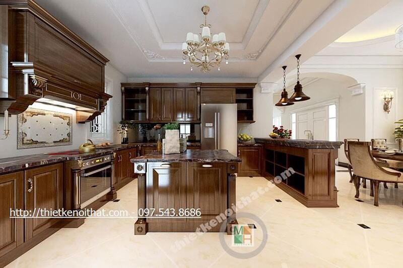 Thiết kế tủ bếp chữ u gỗ tự nhiên với tone màu trầm, mặt bếp ốp đá tự nhiên cao cấp thuận tiện cho việc vệ sinh và tạo sự thẩm mỹ cho căn bếp Tủ bếp gỗ, tủ bếp gỗ tự nhiên, tủ bếp tân cổ điển