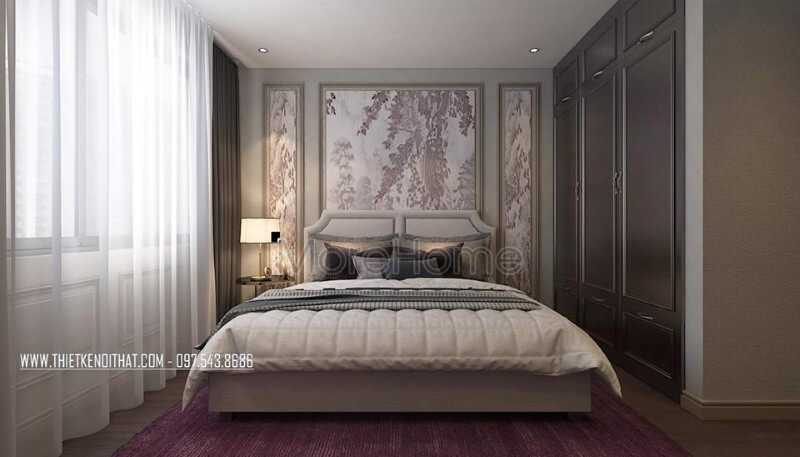 Thiết kế phòng ngủ con khá đơn giản với mẫu giường gỗ công nghiệp, mảng tường đầu giường được dán giấy dán tường hoa màu tím nhạt tạo sự hài hòa, và nhẹ nhàng Mẫu nội thất biệt thự tân cổ điển, hiện đại đẹp