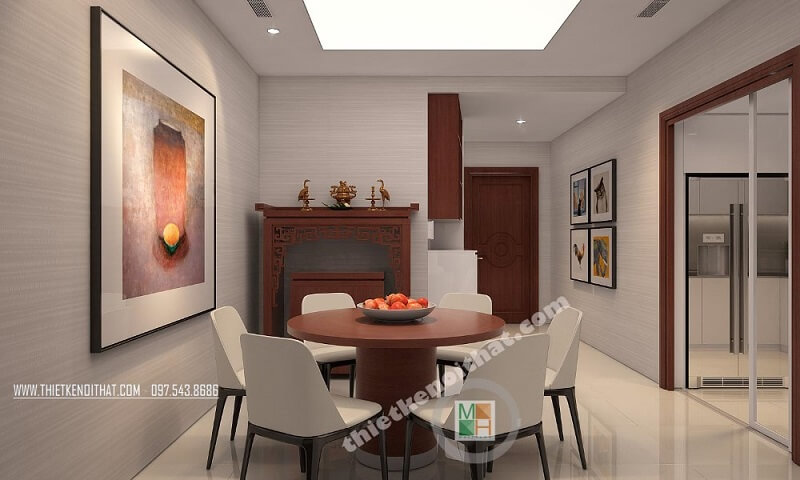 Thiết kế nội thất căn hộ chung cư Royal City Thanh Xuân hiện đại với phòng bếp và bàn ăn liền kề rất thuận tiện mang đến cảm giác gần gũi cho gia chủ. Mẫu nội thất biệt thự tân cổ điển, hiện đại đẹp