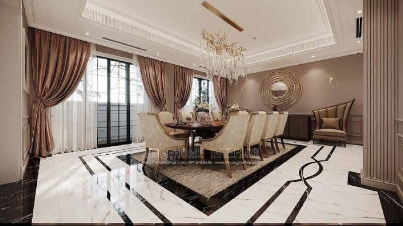 Bộ bàn ăn 10 người đẹp, sang trọng với hoa văn trang trí đẹp mắt tạo điểm nhấn ấn tượng cho không gian đương đại. Mẫu nội thất biệt thự đẹp