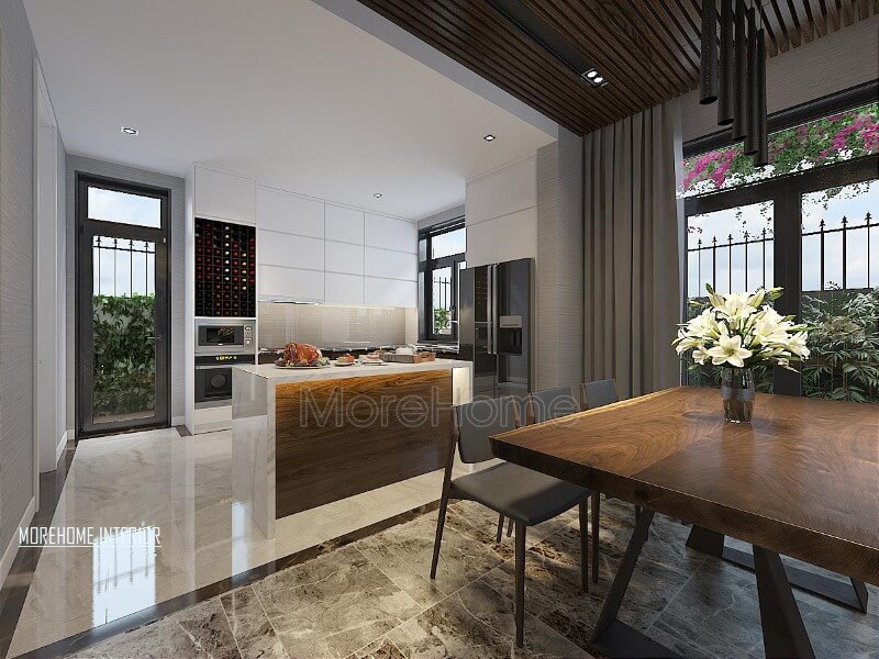 Bố trí nội thất phòng bếp đảo hiện đại, đẹp vừa thông thoáng vừa tách biệt nhưng gần gũi với ánh sáng tự nhiên. Mẫu nội thất biệt thự đẹp