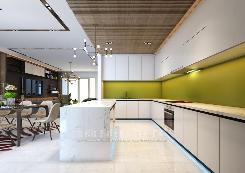 Mẫu thủ bếp gỗ Acrylic được thiết kế kịch trần, màu trắng tinh tế cũng là gam màu được lựa chọn chủ đạo tạo sự thoáng đãng cho không gian căn bếp Tủ bếp đẹp