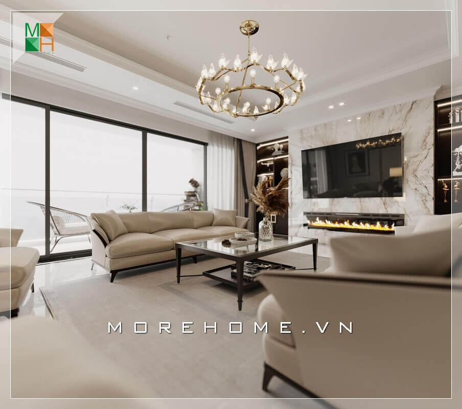 Thiết kế nội thất không gian phòng khách biệt thự, chung cư, nhà phố rộng thiết kế vách tường nhà bằng kính cường lực trong suốt lớn tạo cảm giác thông thoáng cho không gian thêm thoáng đãng. Thiết kế phòng khách biệt thự