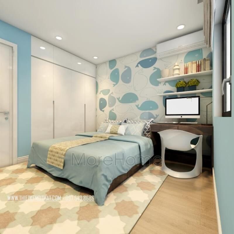 Mẫu tủ gỗ công nghiệp âm tường cũng được gia chủ lựa chọn cho không gian phòng ngủ con