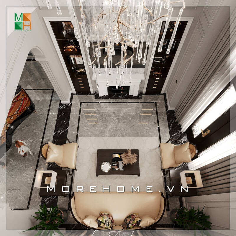 Mẫu bàn ghế phòng khách tân cổ điển, sử dụng chất liệu bàn gỗ tự nhiên óc chó, ghế sofa bọc da cao cấp chân ghế gỗ óc chó sang trọng.