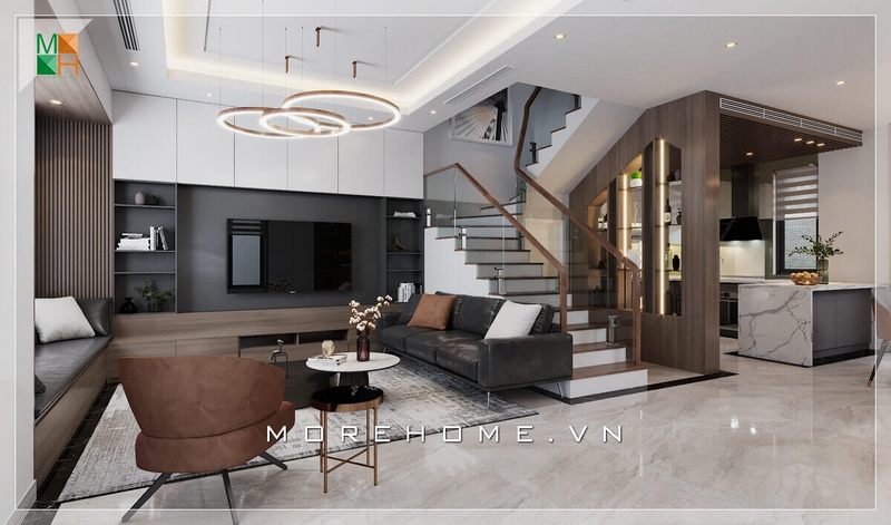 Phối cảnh nội thất phòng khách liền bếp đẹp cho biệt thự, nhà phố, căn hộ cao cấp.