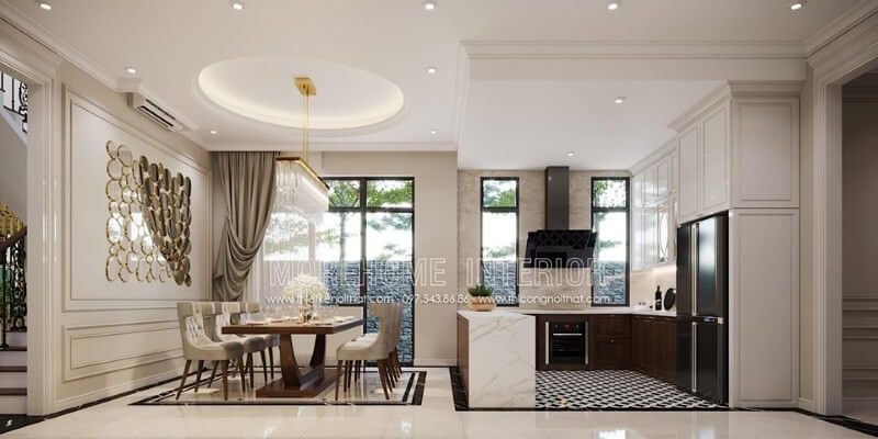 Phong cách đương đại đẹp sang trọng trong sắp xếp phòng ăn liền bếp.