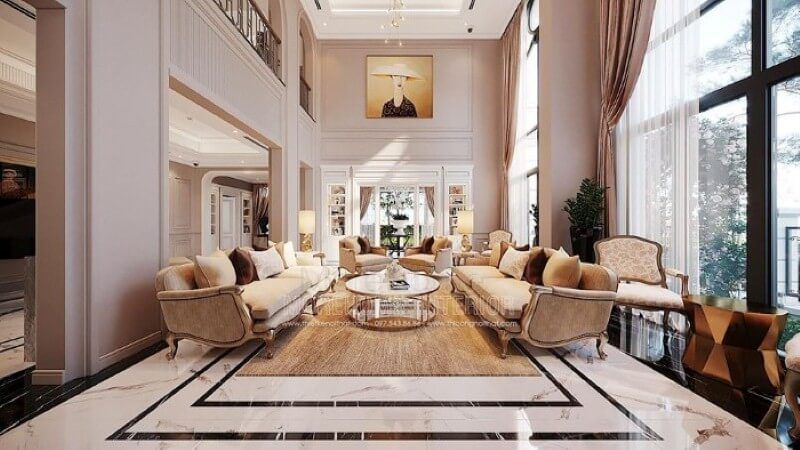 Sắp xếp nội thất phòng khách thông tầng biệt thự tân cổ điển cao cấp tại Vinhomes Imperia Hải Phòng.