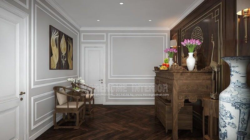 Sắp xếp nội thất phòng thờ hiện đại, đẹp từ tủ thờ, vách cnc, gỗ ốp, sàn, ghế gỗ óc chó cao cấp.