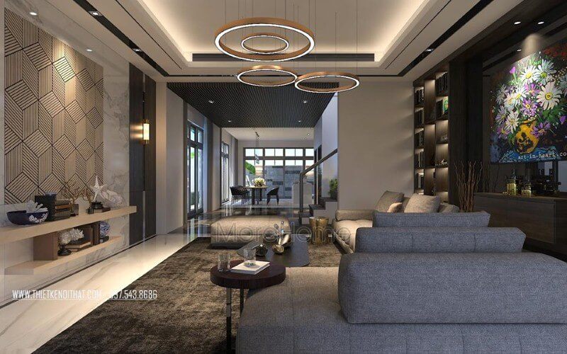 Sắp xếp tầng 1 đẹp, sang trọng cho nhà phố, biệt thự với ý tưởng thiết kế phòng khách kề phòng ăn theo phong cách hiện đại.