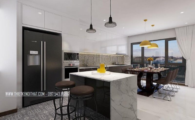 Bố trí nội thất phòng ăn, phòng bếp xen kẽ tạo nên nét đẹp hiện đại, sang trọng cho biệt thự, nhà phố.