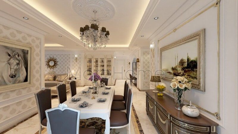 Trang trí nội thất phòng ăn đẹp với tone màu nâu trầm được sử dụng mang lại vẻ đẹp ấm áp và gần gũi cho không gian dùng bữa của gia chủ