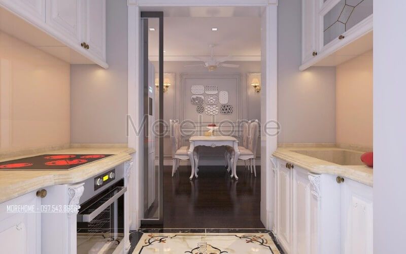Nội thất phòng ăn chung cư được thiết kế liền kề với không gian bếp giúp cho gia chủ dễ dàng thuận tiện hơn trong quá trình dùng bữa.