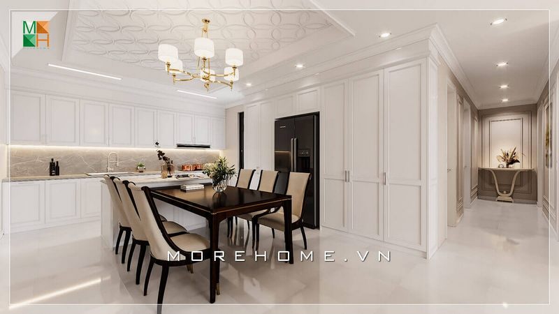 Mẫu thiết kế nội thất phòng ăn rất sang trọng mang phong cách tân cổ điển dành cho chung cư, nhà phố, biệt thự đầy tính tiện nghi.