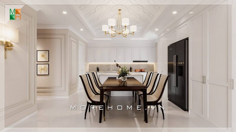 Một không gian phòng ăn được thiết kế và bố trí nội thất rất ấn tượng mang phong cách thiết kế tân cổ điển phù hợp cho chung cư cao cấp, nhà phố, biệt thự,..