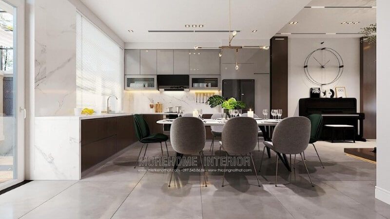 Mẫu tủ bếp chữ L đầy đủ tính năng, có phong cách hiện đại và có cửa sổ để tạo nên một không gian sống trong nhà biệt thự.