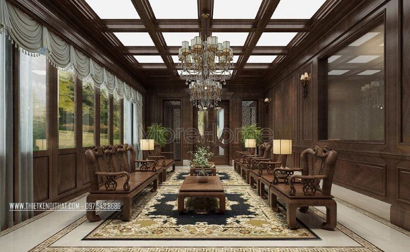 Sofa gỗ óc chó của loại cao cấp mang lại sự sang trọng cho không gian phòng khách biệt thự.