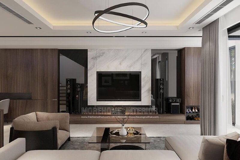 Một đá ốp trắng vân mây đẹp sang trọng là lựa chọn tuyệt vời để tạo nên sự ấn tượng cho một phòng khách hiện đại.