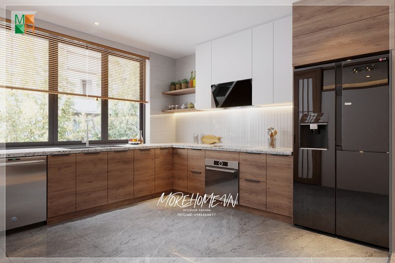 Tủ bếp gỗ tự nhiên mặt đá hiện đại cung cấp sự hỗ trợ mạnh mẽ cho những người nội trợ, giúp giảm thiểu vất vả trong việc lưu trữ và sắp xếp đồ bếp, với các ngăn kéo tiện dụng giúp tìm kiếm và tìm thấy đồ dễ dàng hơn.